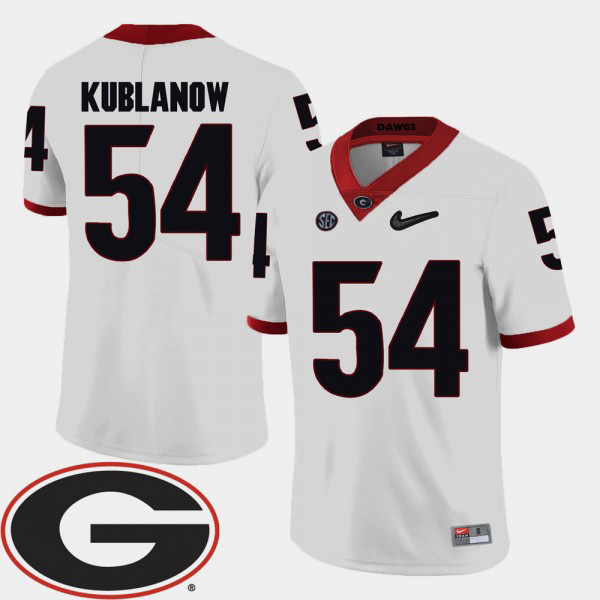 Men's #54 Brandon Kublanow Georgia Bulldogs College Football 2018 SEC Patch Jersey - White